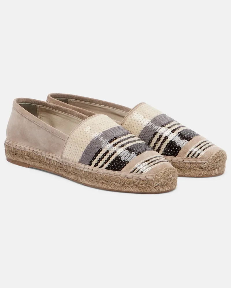 Brunello Cucinelli Espadrilles aus Veloursleder mit Pailletten Beige