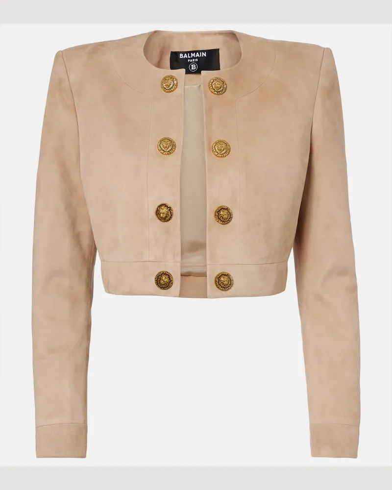 Balmain Cropped-Jacke aus Veloursleder Beige