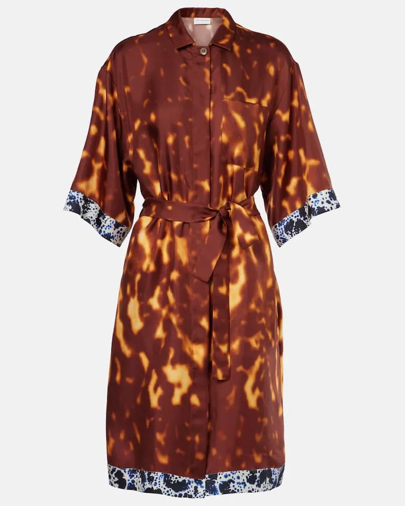 Dries van Noten Bedrucktes Hemdblusenkleid aus Seide Braun