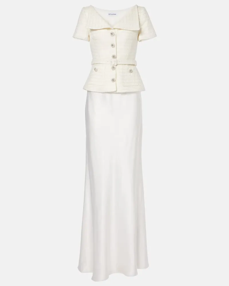 Self-Portrait Bridal Maxikleid aus Satin und Bouclé Weiß