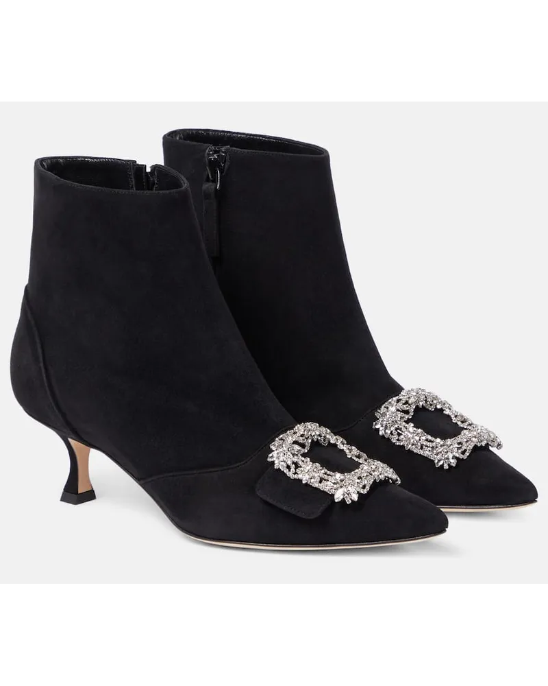 Manolo Blahnik Verzierte Ankle Boots Baylow 60 aus Veloursleder Schwarz