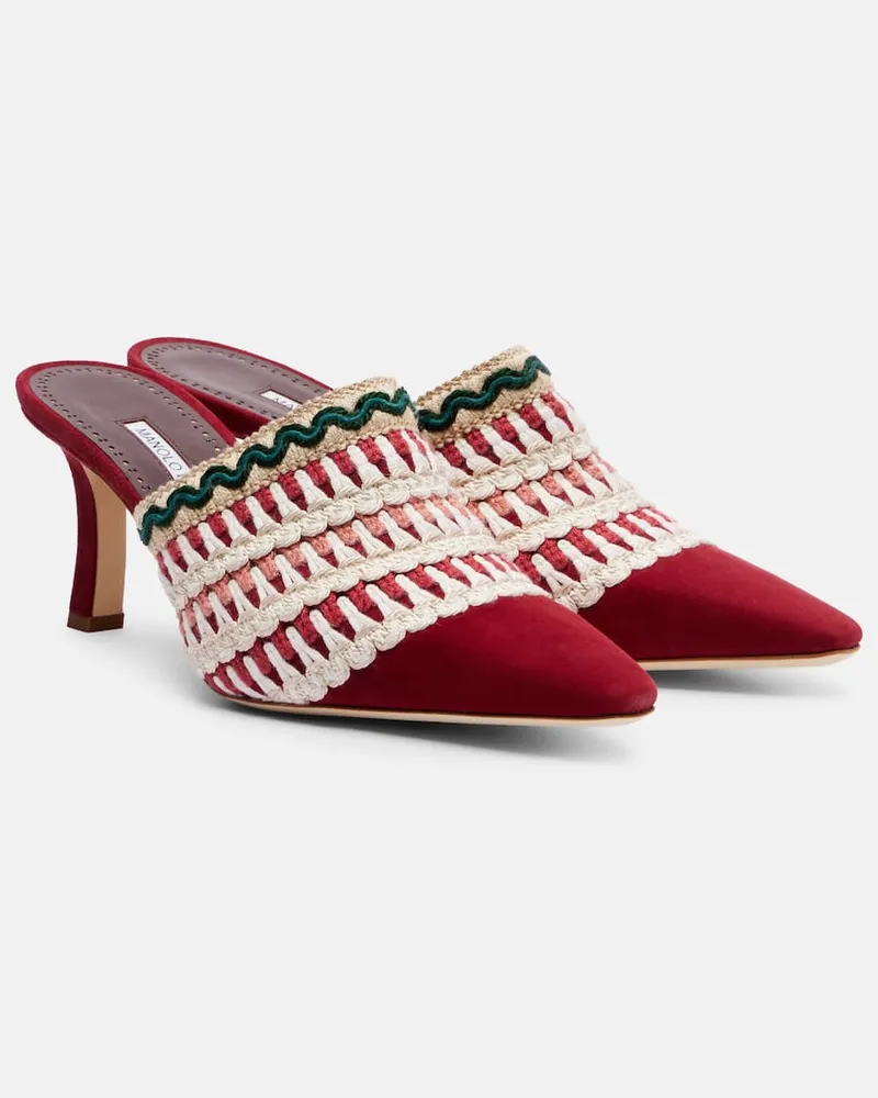 Manolo Blahnik Bestickte Mules Alo 70 aus Veloursleder Rot