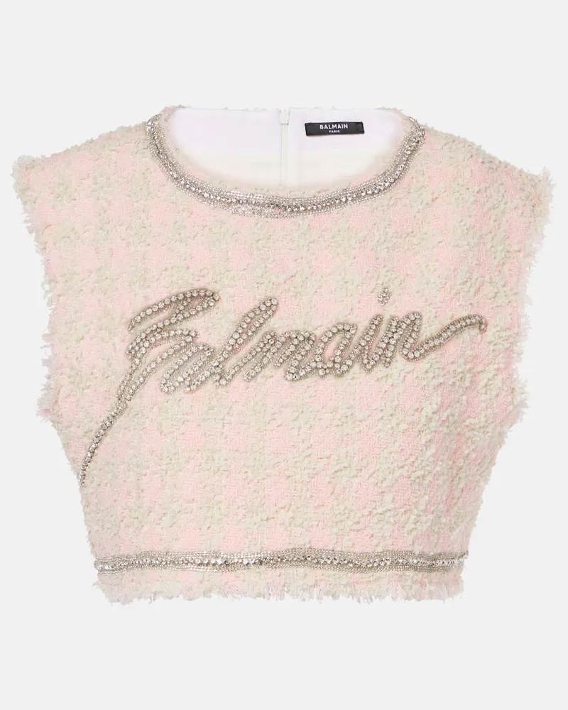Balmain Cropped-Top aus Bouclé mit Kristallen Rosa