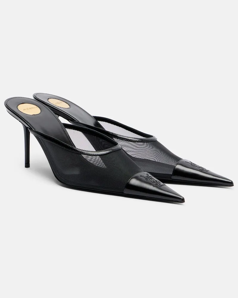 Saint Laurent Mules Renée aus Mesh und Leder Schwarz
