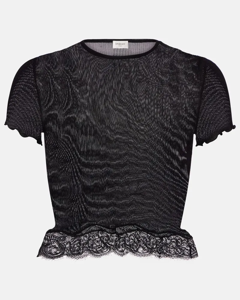 Saint Laurent Top aus Seide mit Spitze Schwarz