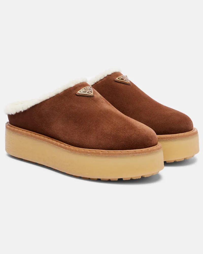 Prada Plateau-Slippers Evolve aus Veloursleder Braun
