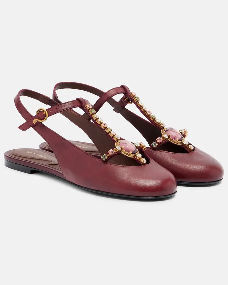 Etro Verzierte Slingback-Ballerinas aus Metallic-Leder Burgunderrot