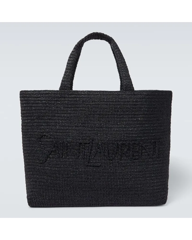 Saint Laurent Bestickte Tote aus Raffiabast Schwarz