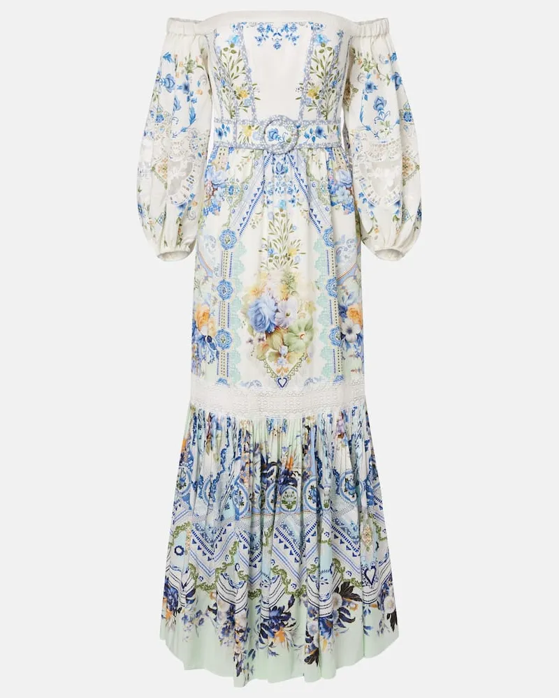 Camilla Off-Shoulder-Maxikleid aus Leinen und Seide Weiß