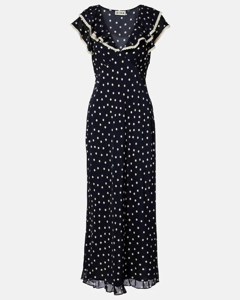 RIXO Midikleid Bethea aus Crêpe de Chine mit Polka-Dots Blau