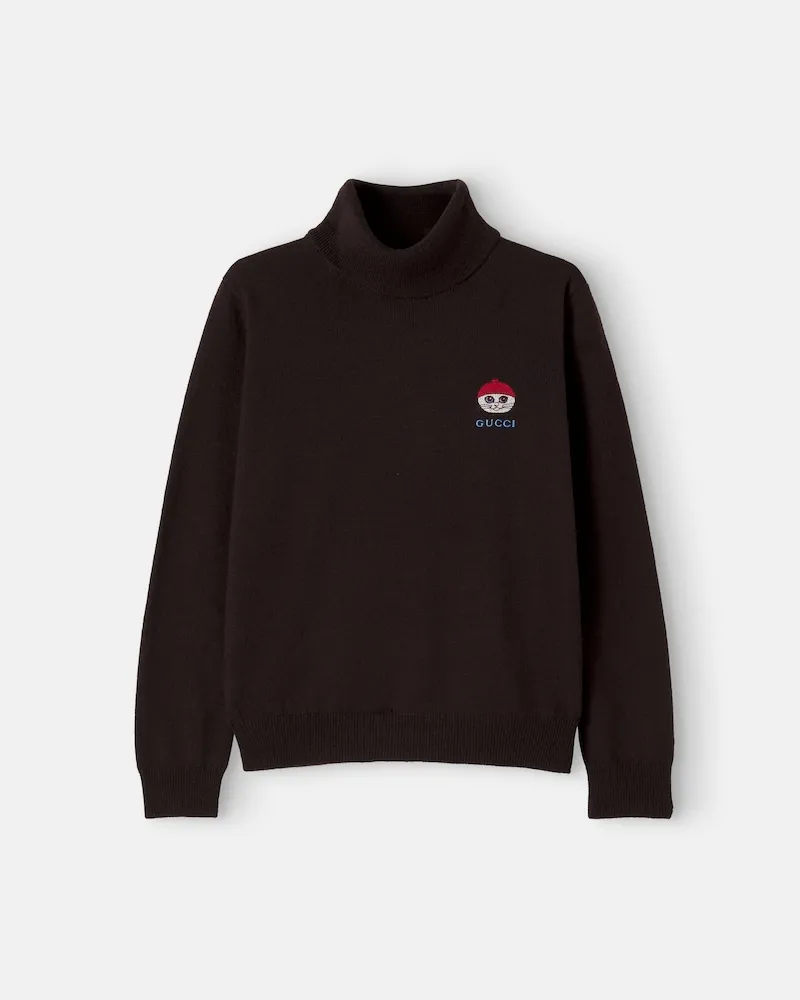 Gucci Bestickter Rollkragenpullover aus Wolle Braun