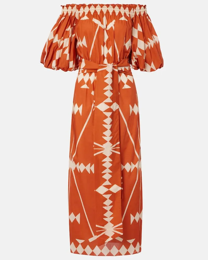 Johanna Ortiz Bedrucktes Midikleid aus Baumwollpopeline Orange