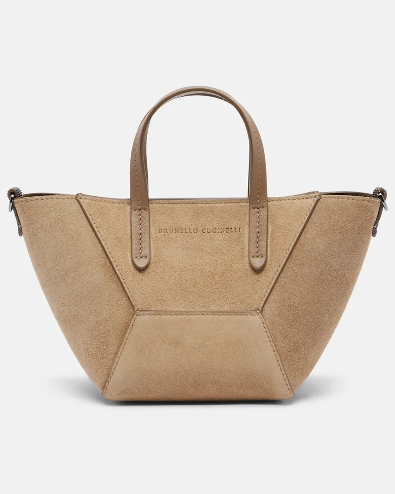 Brunello Cucinelli Henkeltasche Monili Duo Mini aus Veloursleder Beige