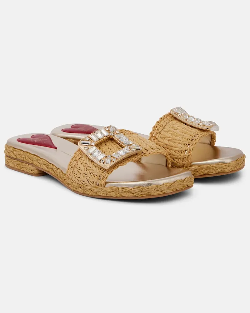 Roger Vivier Pantoletten aus Raffiabast mit Kristallen Beige