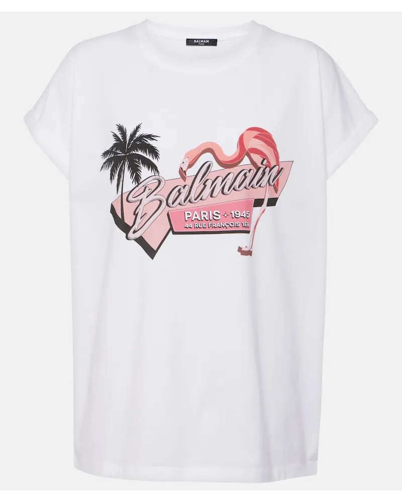 Balmain T-Shirt Rosa Flamingo aus Baumwoll-Jersey Weiss