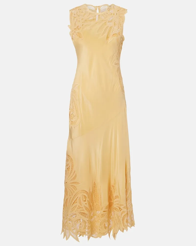 Ulla Johnson Midikleid Idra aus Seide mit Guipure-Spitze Gelb