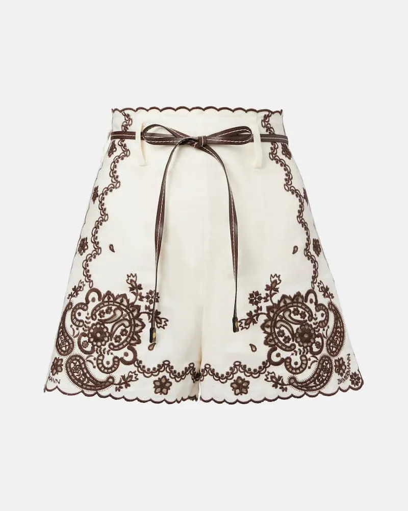 Zimmermann Bestickte Shorts Ascension aus Leinen Weiß