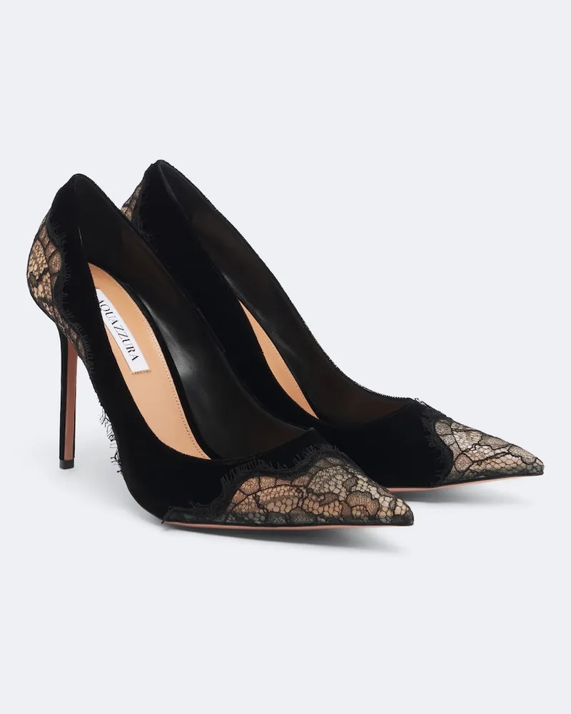 Aquazzura Pumps Meadow aus Samt mit Spitze Schwarz