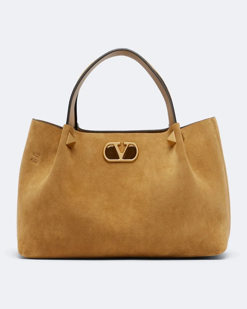 Valentino Garavani Henkeltasche Signature Small aus Veloursleder Beige