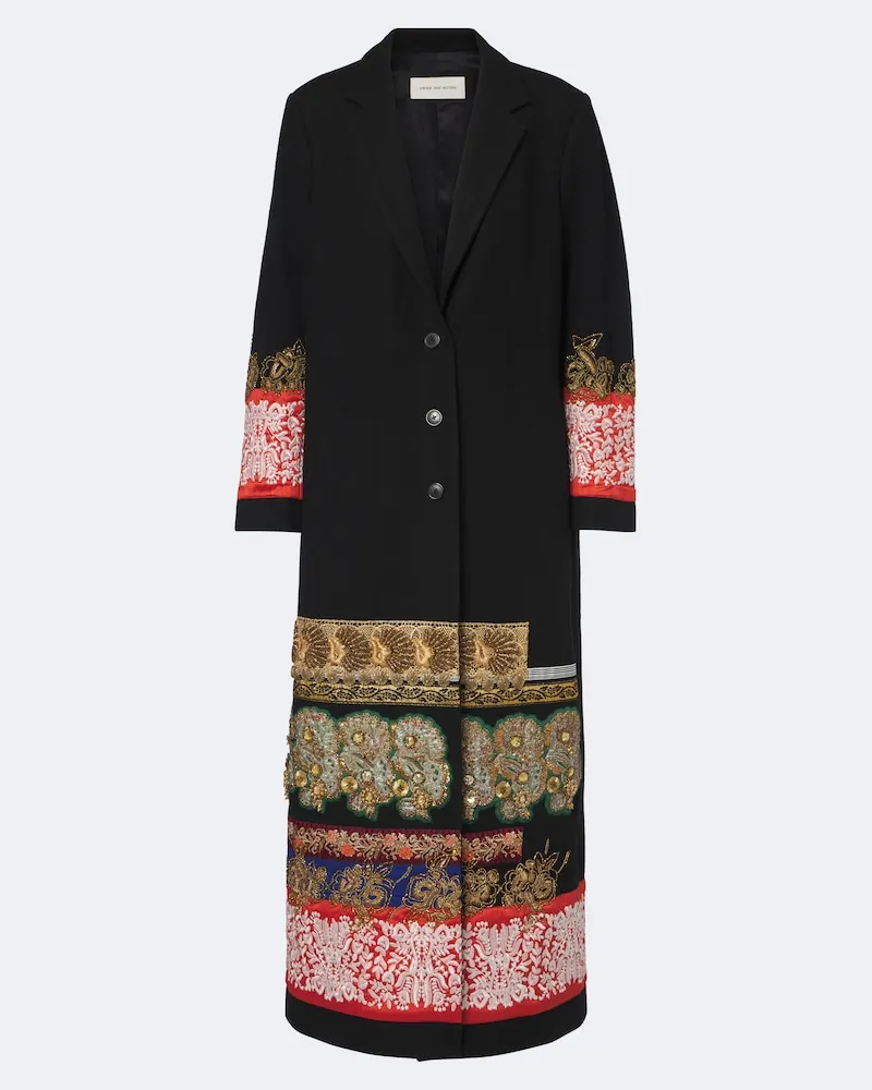 Dries van Noten Verzierter Mantel aus Wolle Schwarz