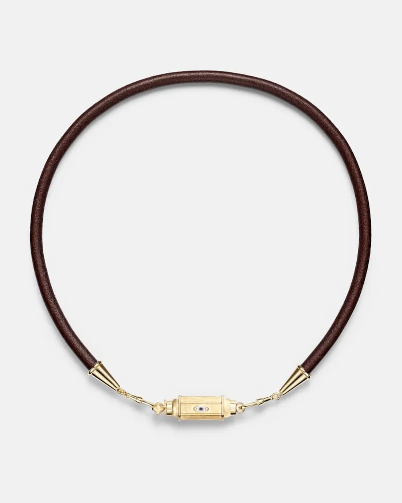 Marie Lichtenberg Halskette aus Leder mit 18kt Gelbgold, Emaille und Saphiren Braun