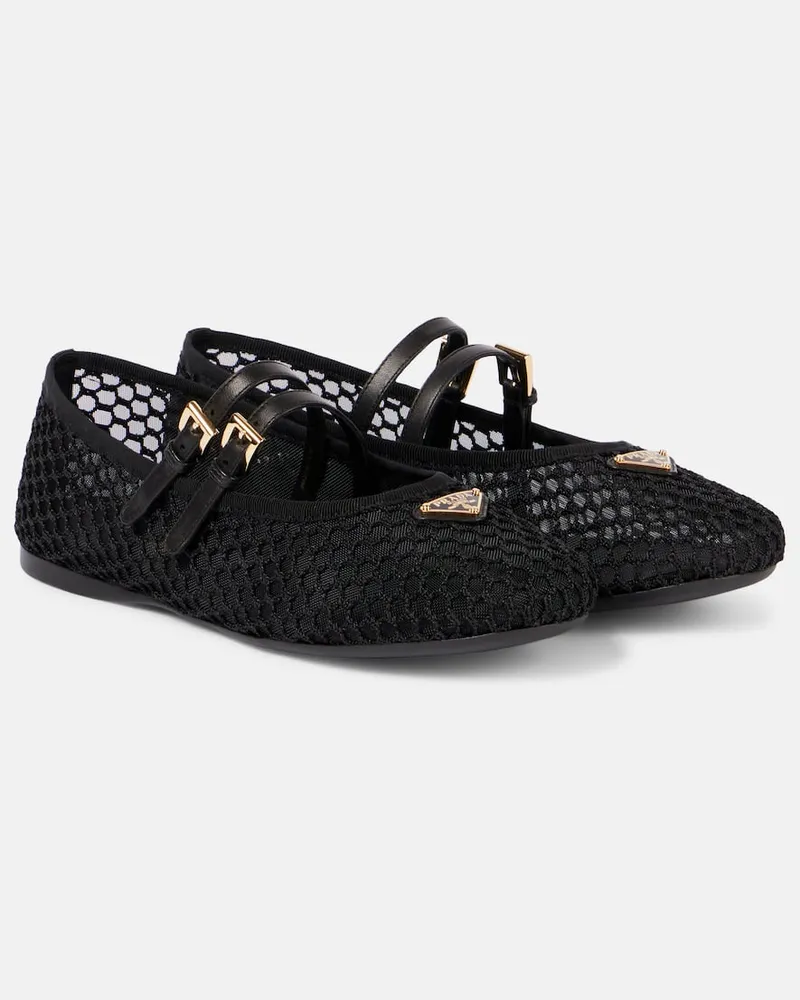 Prada Ballerinas aus Mesh mit Leder Schwarz