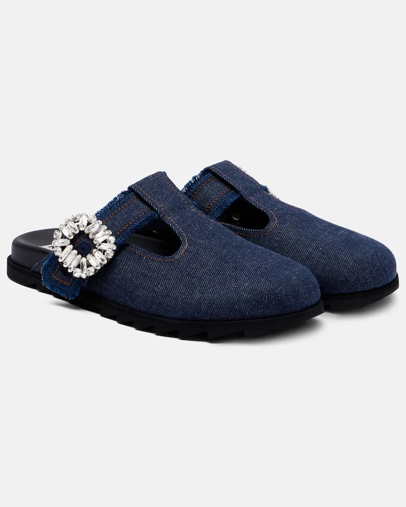 Roger Vivier Verzierte Pantoletten Slidy Viv' aus Denim Blau