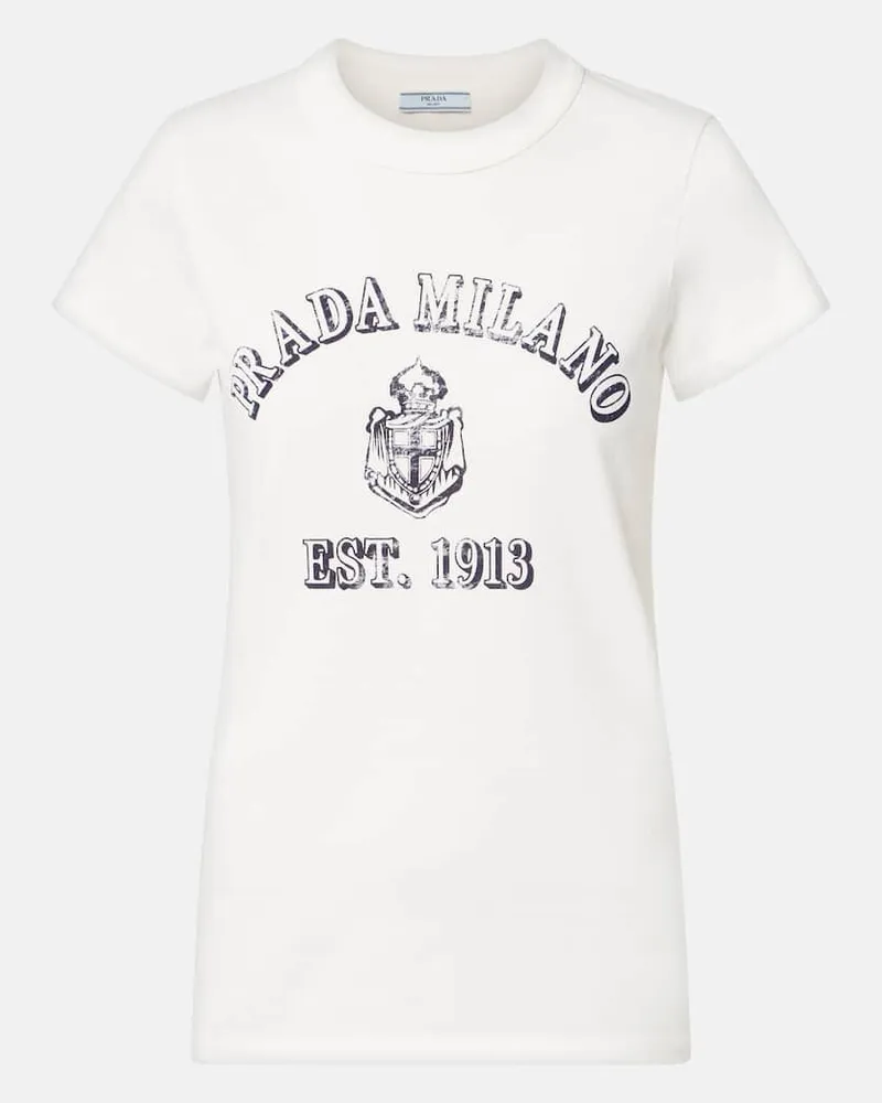 Prada Bedrucktes T-Shirt aus Baumwoll-Jersey Weiß
