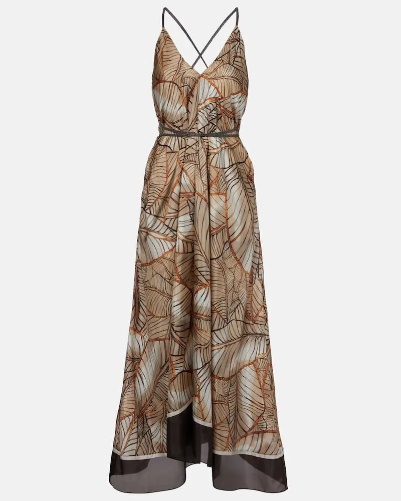 Brunello Cucinelli Bedrucktes Maxikleid aus Seide Braun