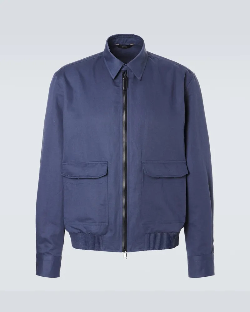 Brioni Blouson aus Leinen und Baumwolle mit Leder Blau