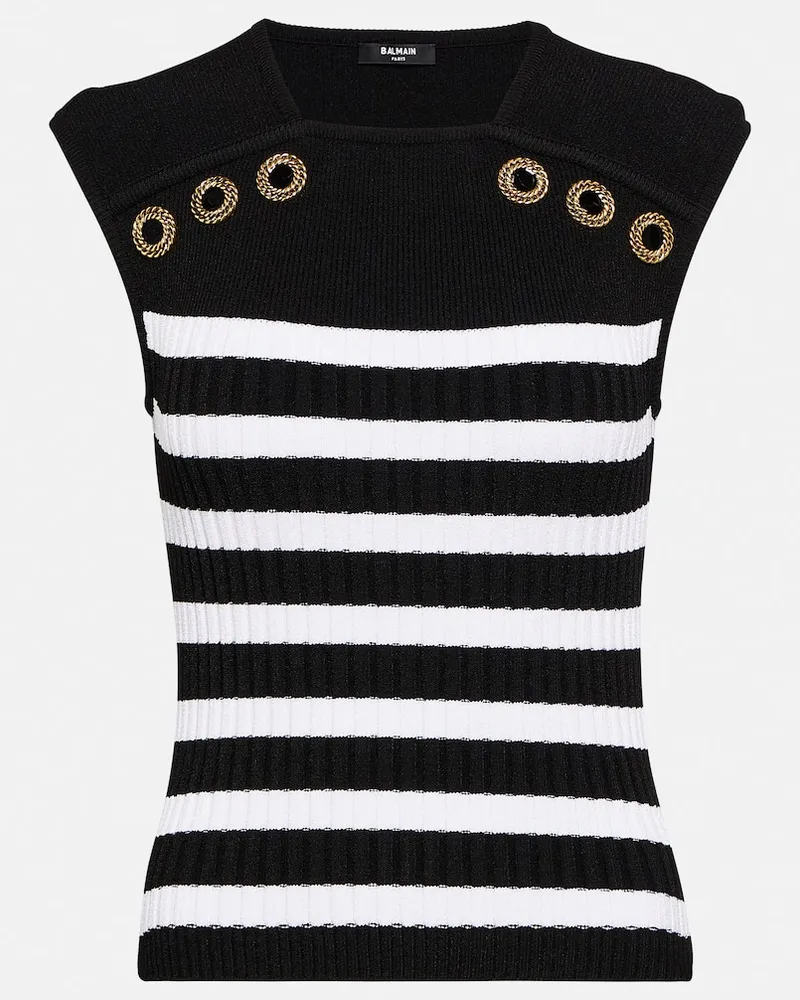 Balmain Verziertes Top aus Rippstrick Schwarz