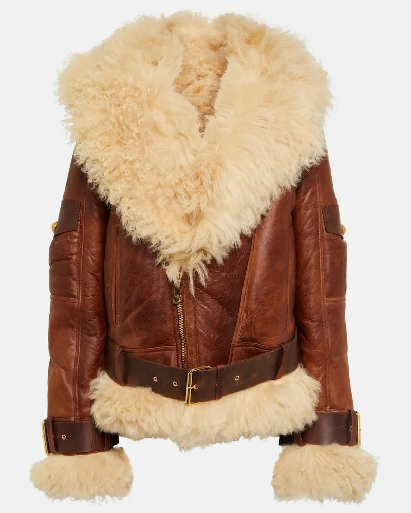 Balmain Lederjacke mit Shearling Braun