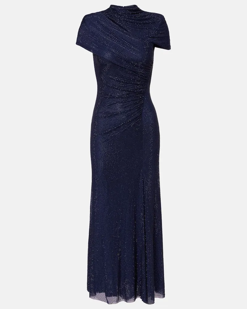 Self-Portrait Midikleid aus Mesh mit Kristallen Blau