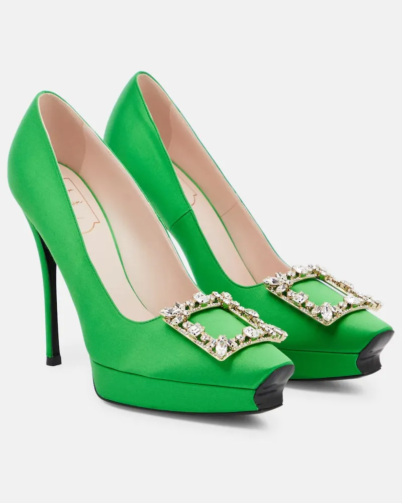 Roger Vivier Plateau-Pumps Flower Strass aus Satin Grün