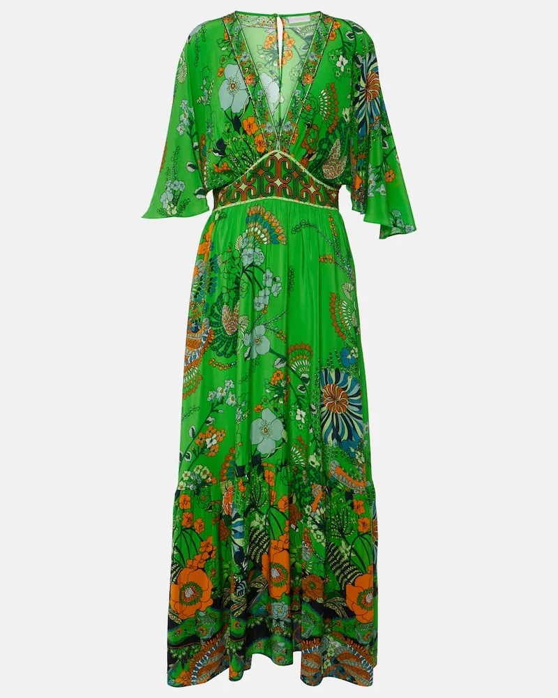 Camilla Verziertes Maxikleid aus Seide Grün