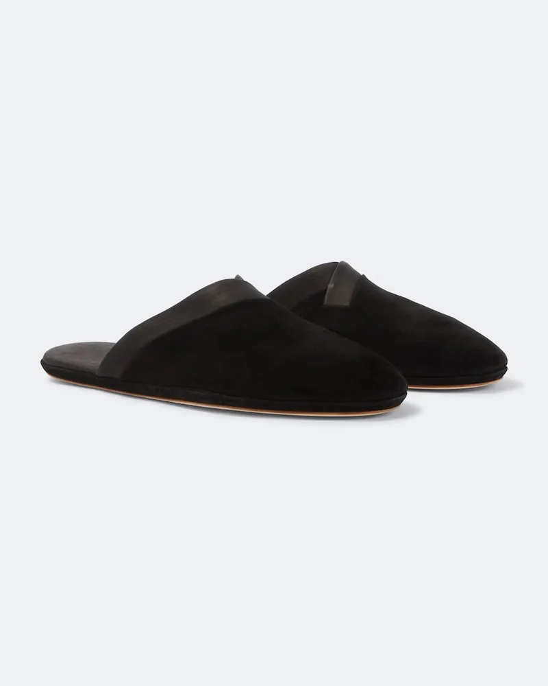 John Lobb Slippers aus Veloursleder mit Leder Schwarz