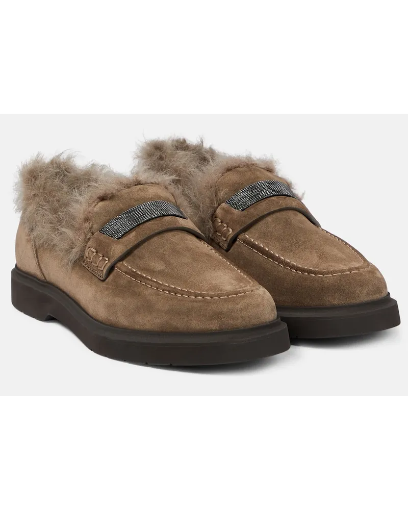 Brunello Cucinelli Loafers Monili aus Veloursleder mit Shearling Braun