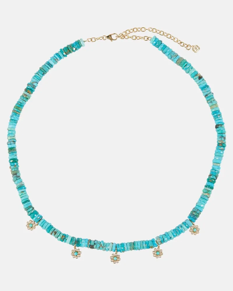 Sydney Evan Halskette Daisy aus Türkis mit 14kt Gelbgold und Diamanten Blau