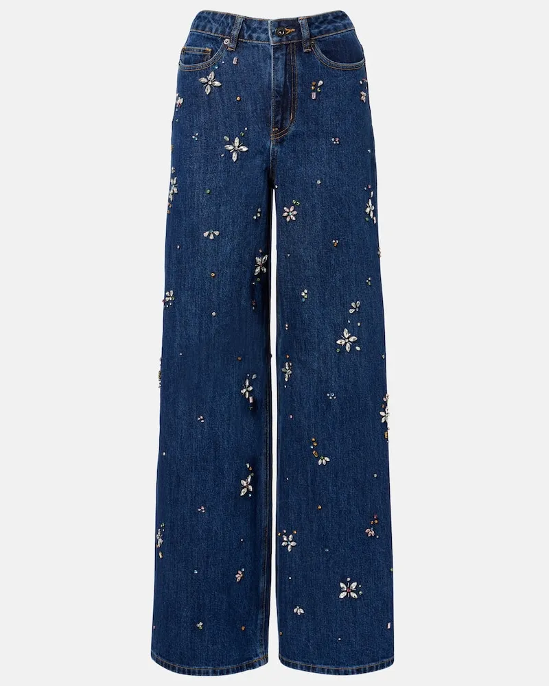 Self-Portrait High-Rise Wide-Leg Jeans mit Kristallen Blau