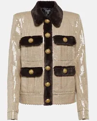 Balmain Jacke mit Pailletten und Faux Fur Weiss