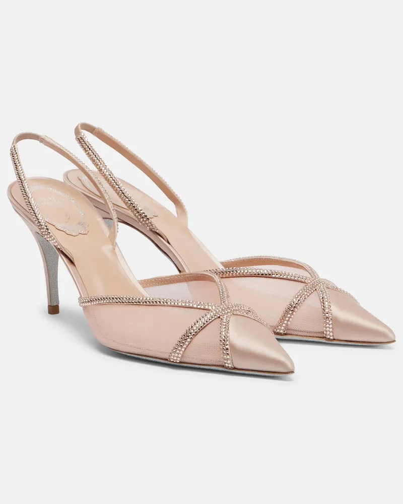René Caovilla Verzierte Slingback-Pumps aus Satin Rosa