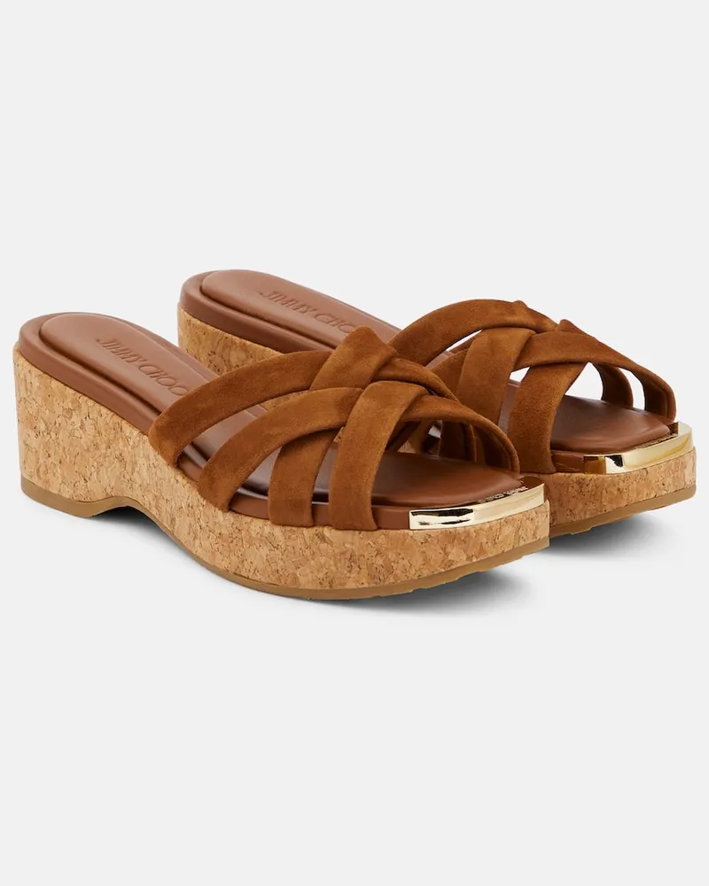 Jimmy Choo Sandalen Maribou 50 aus Veloursleder und Kork Braun