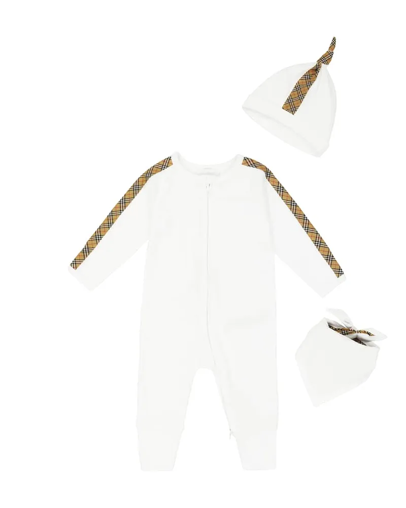 Burberry Baby Set Vintage Check aus Spieler, Mütze und Halstuch Weiß