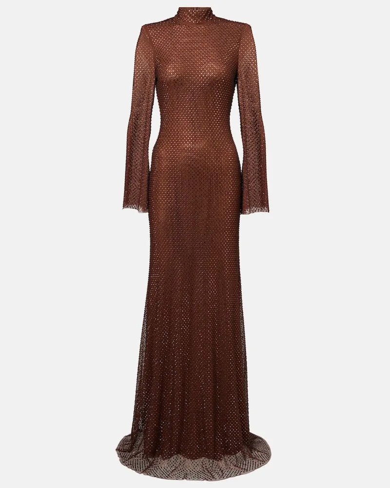 Self-Portrait Robe aus Mesh mit Kristallen Braun