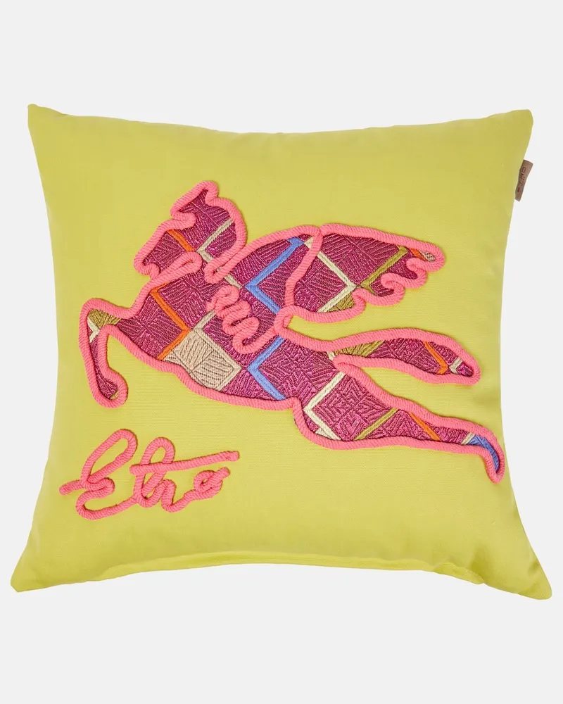 Etro Besticktes Kissen Pegaso aus Leinen Grün
