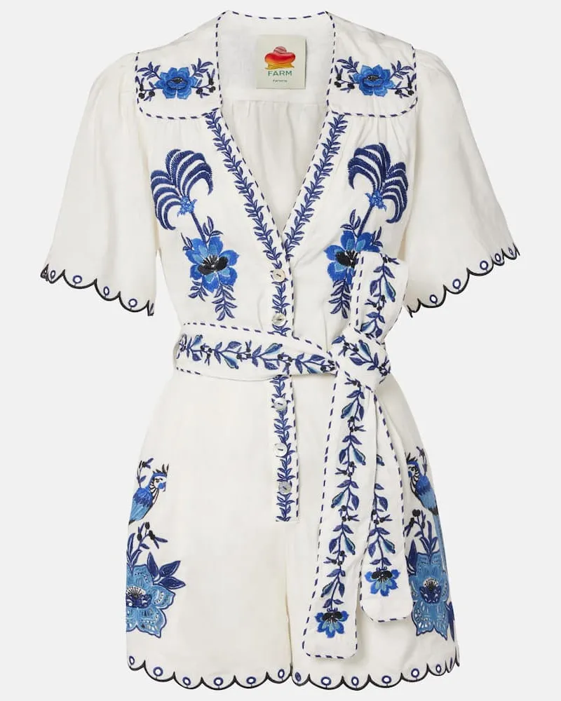 FARM Rio Bestickter Playsuit aus einem Leinengemisch Weiß