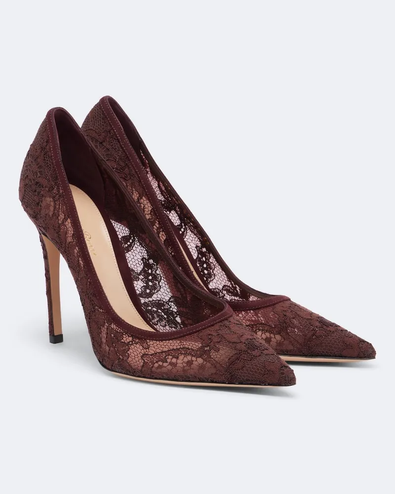 Gianvito Rossi Pumps Claudia aus Spitze mit Veloursleder Burgunderrot