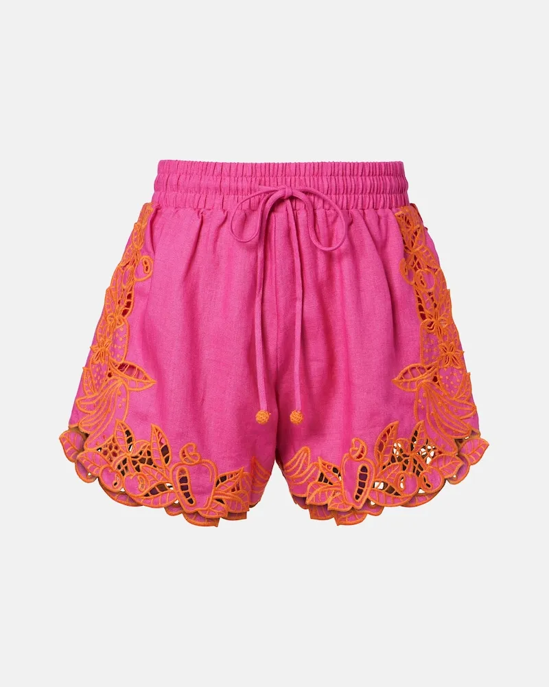 FARM Rio Bestickte Shorts aus Leinen Rosa