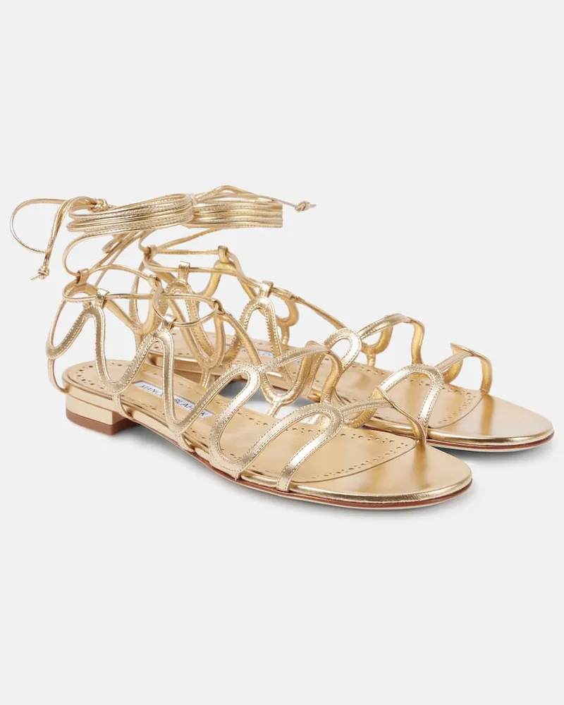 Manolo Blahnik Sandalen Fawdaflat aus Metallic-Leder Gold