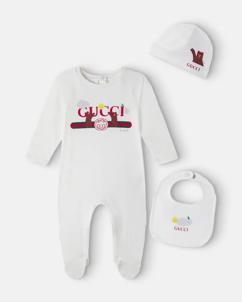 Gucci X Euan Roberts Baby Set aus Mütze, Lätzchen und Strampler Weiß